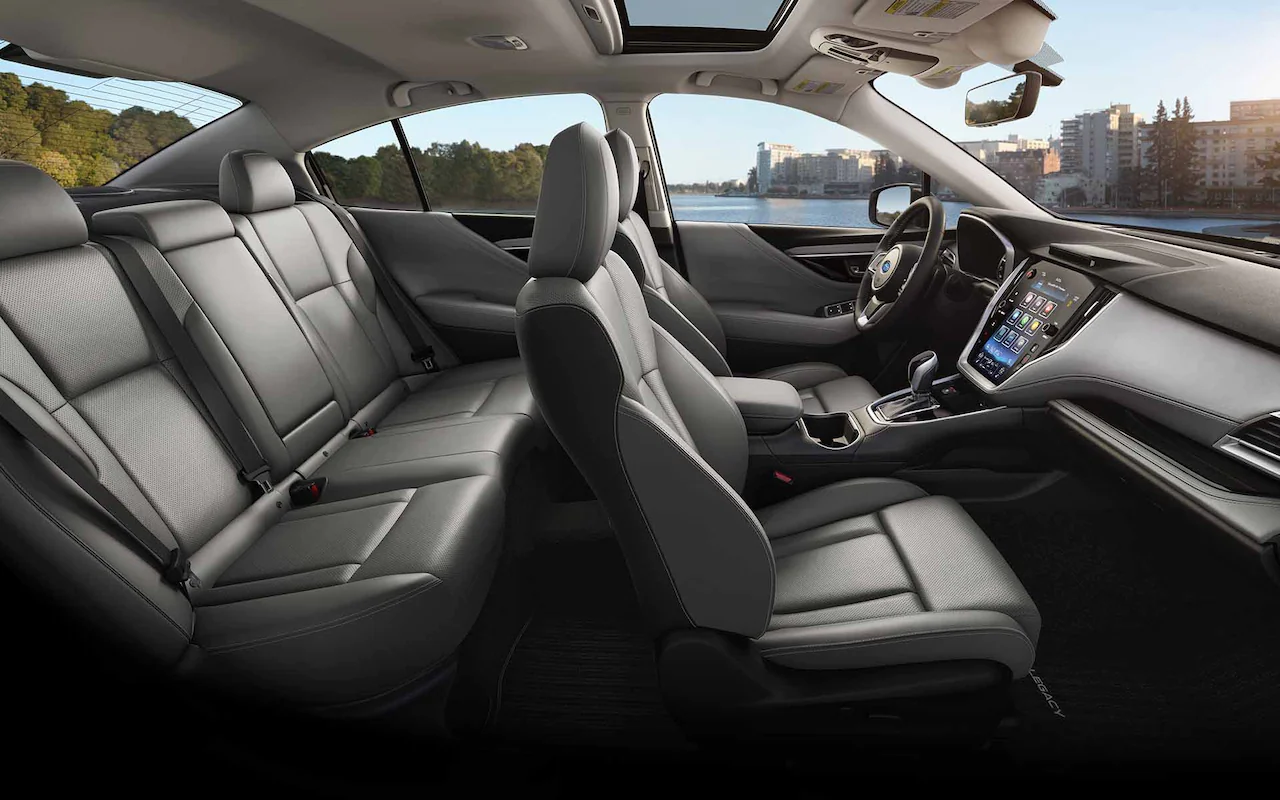 Side view of grey leather seating inside a 2022 Subaru Legacy