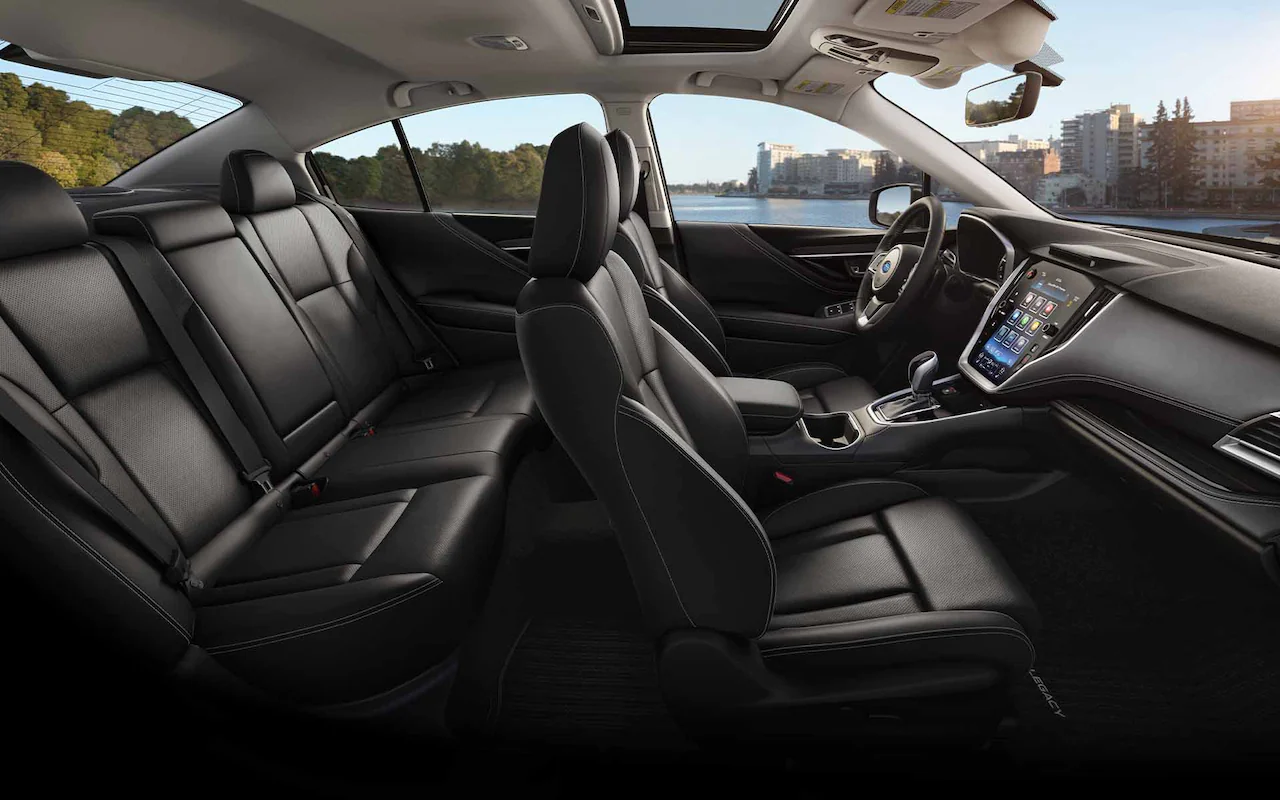 Side view of black leather seats inside a 2022 Subaru Legacy