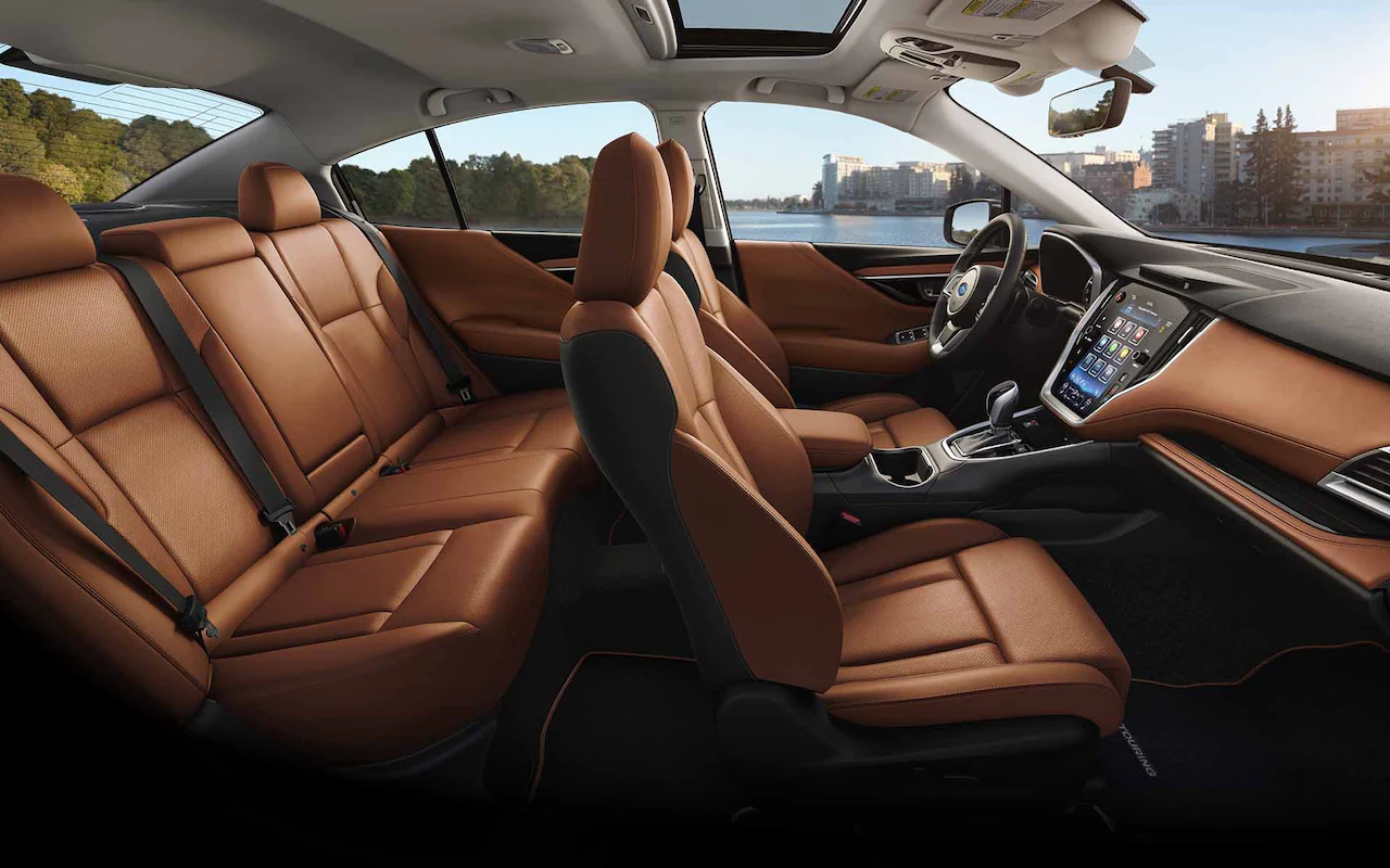 Side view of brown leather seating inside a 2022 Subaru Legacy Touring
