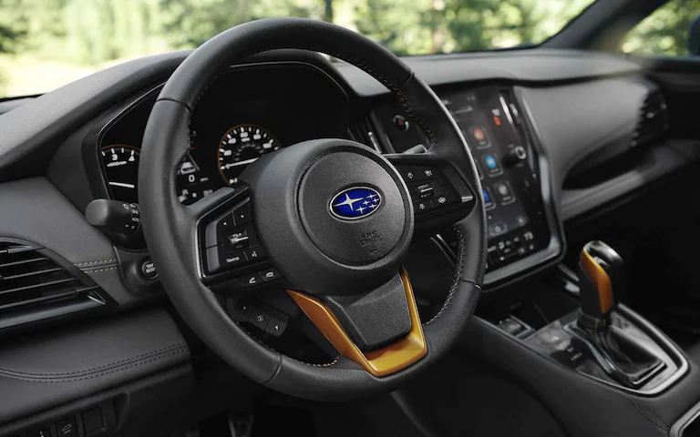 A close up of the steering wheel showcasing the Anodized Copper-finish accents.