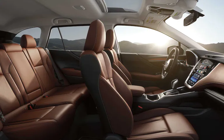 A side view showing the Nappa leather-trimmed interior of the 2022 Outback Touring model.