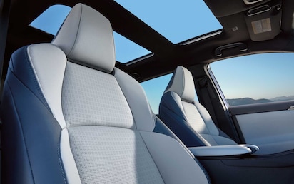 A view looking up through the glass roof of the 2023 Solterra Touring.