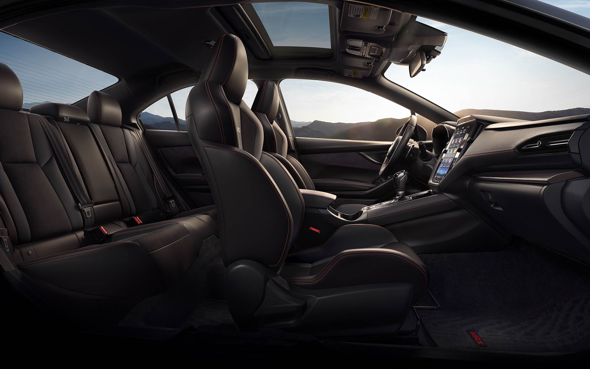Side view of the black Recaro performance seats inside a 2022 Subaru WRX