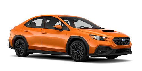 Side angled view of an orange Subaru WRX