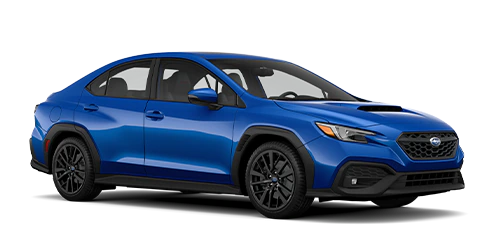 Side angled view of a blue 2022 Subaru WRX Limited with black accents